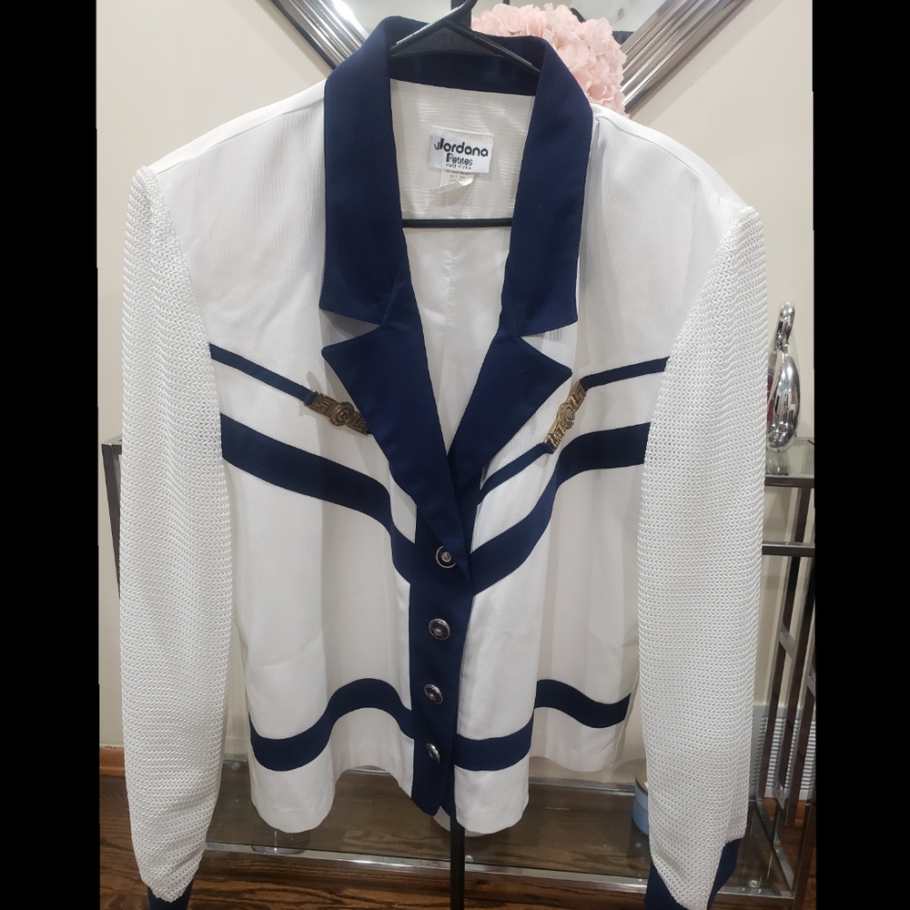 Vintage Jordana Petites White and Navy Blazer - Size M (10-12)